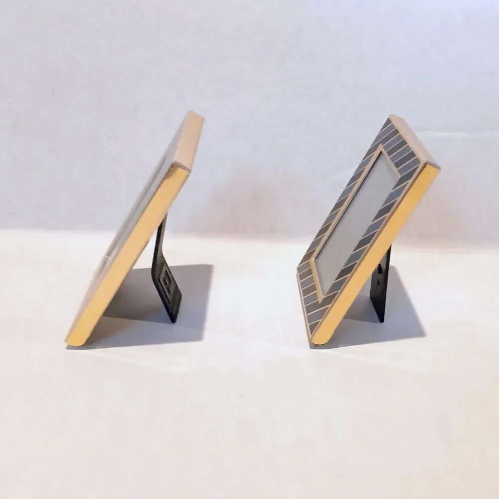 Vintage Pata Mini Rectangle Metal Picture Frames-Lot Of 2-Gold Black Stripe-